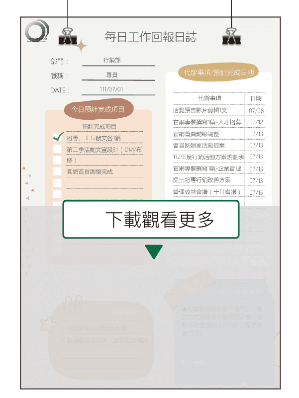 每日工作回報日誌(含待辦、注意事項及檢討)-範本 – 有機體企業品牌顧問