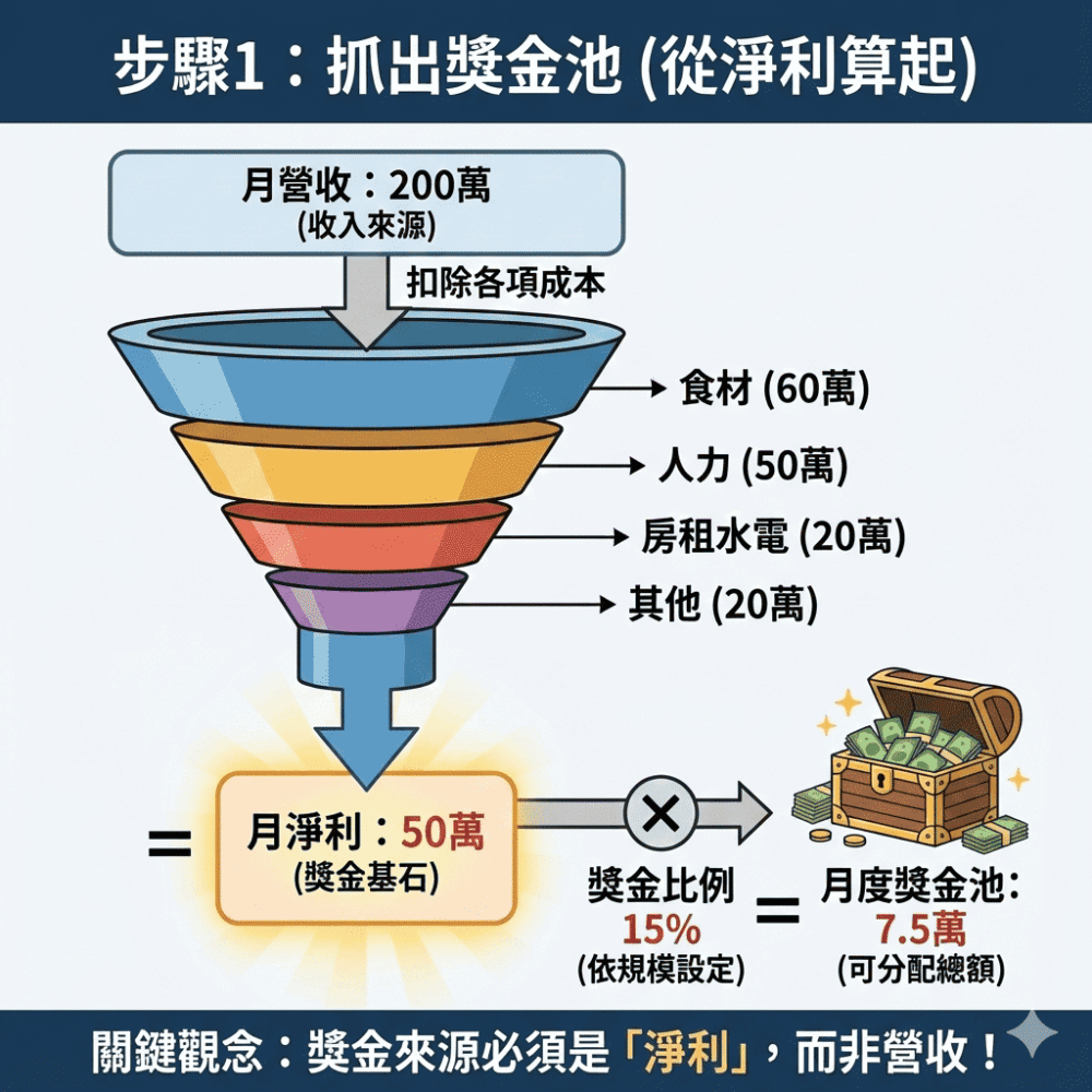 獎金不是成本，而是投資。一個明確的獎金池，是設計餐飲業獎金制度的第一步，它讓員工看見努力的價值，也讓你清楚掌握利潤分配。關鍵觀念是：獎金來源必須是「淨利」，而非營收。